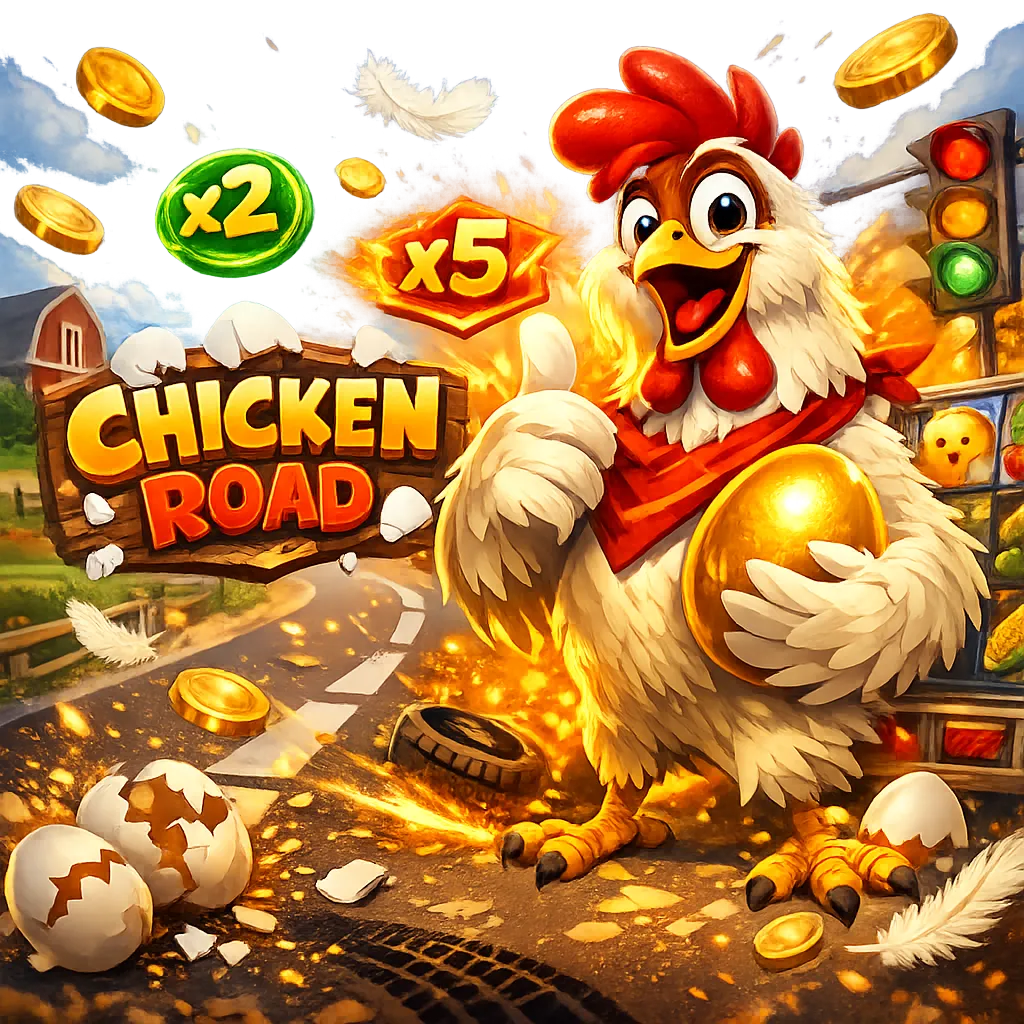 Bright and dynamic promotional image for Chicken Road slot featuring a funny chicken, road lanes, and coins.
