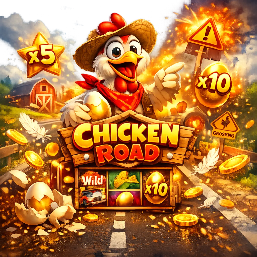 Bright promotional image for Chicken Road slot featuring a funny chicken, road lanes, and coins.