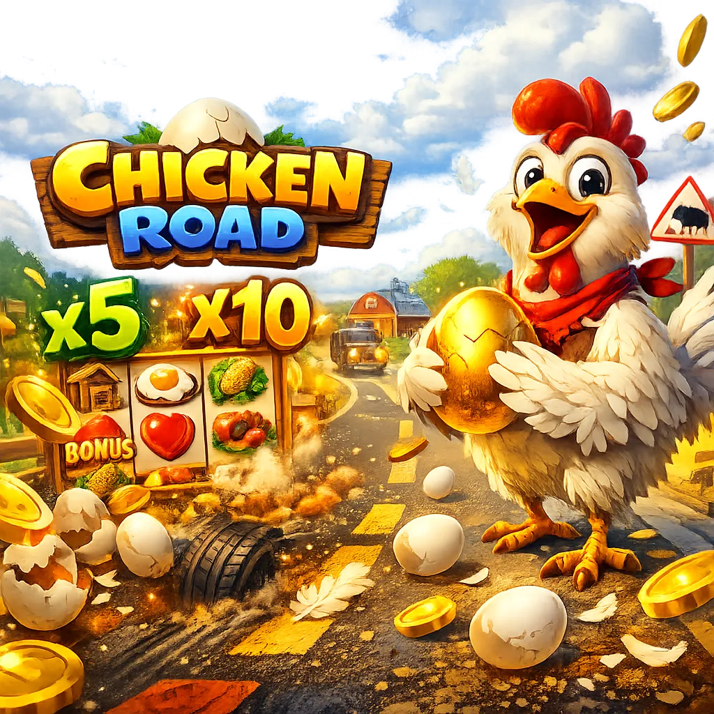 Bright and dynamic promotional image for Chicken Road slot featuring a funny chicken, road lanes, eggs, feathers, and coins.