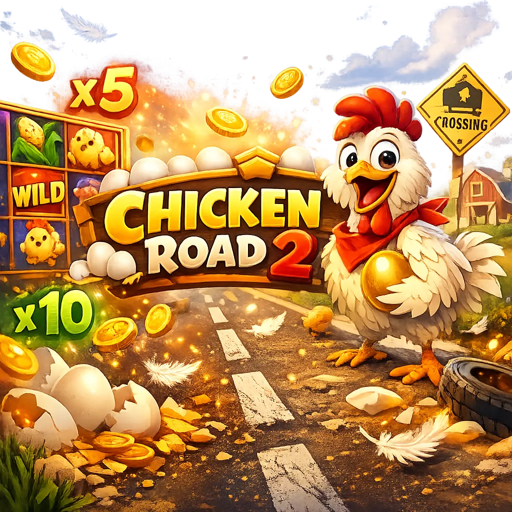 Dynamic chicken-themed slot game promo with playful road elements, eggs, coins, and bright crash-game energy